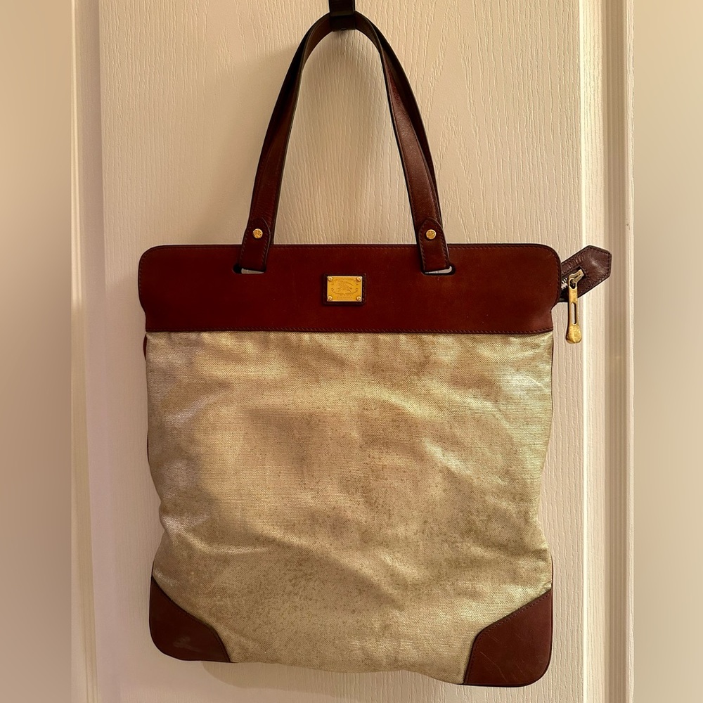 Burberry Brown Genuine Leather Brushed Gold Canvas Tote Bag Purse